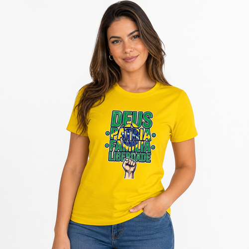 Camiseta Deus, Pátria, Família E Liberdade - Amarelo — Camiseta Deus, Pátria, Família E Liberdade - Amarelo (com modelo)