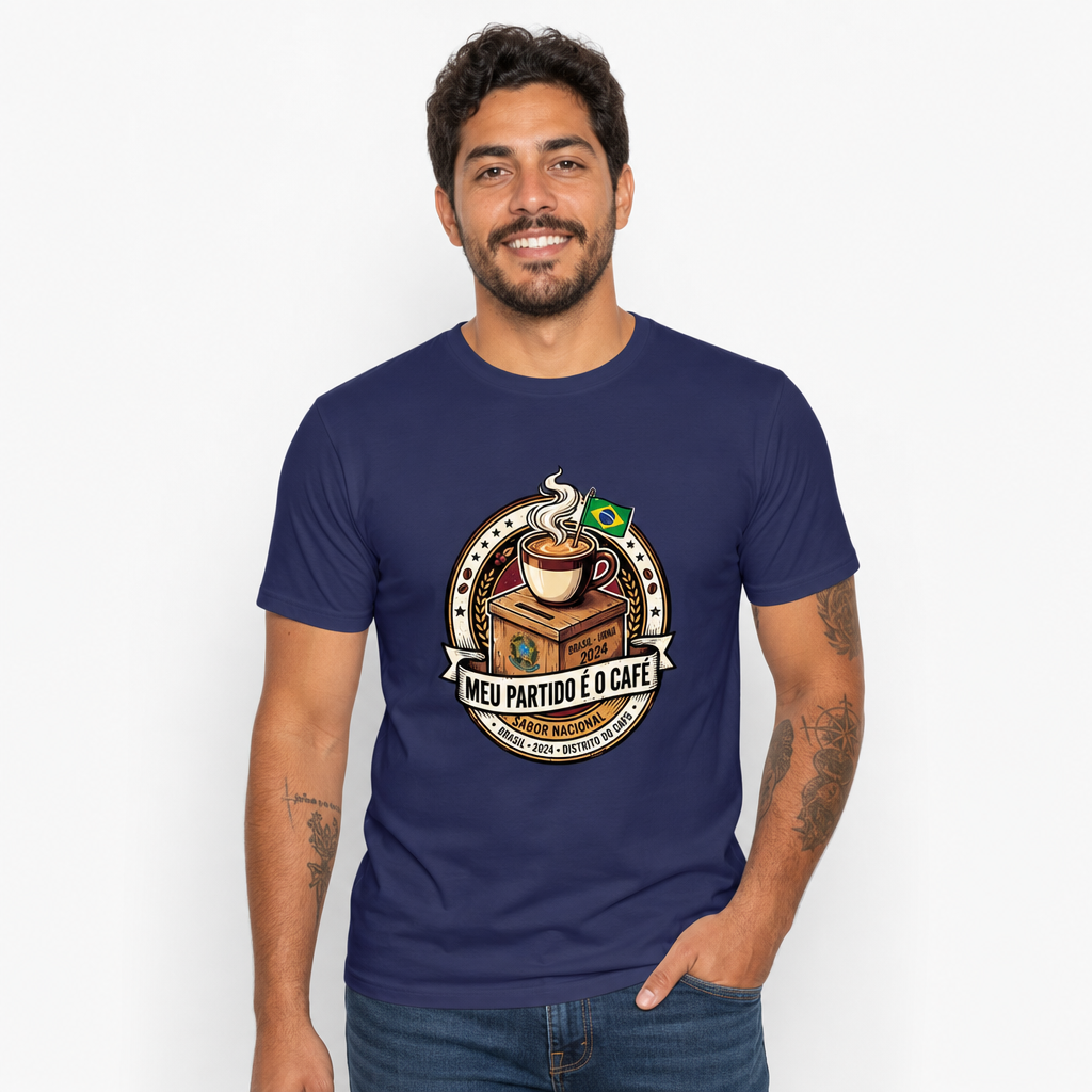 Camiseta Meu Partido É O Café. - Azul Marinho — Camiseta Meu Partido É O Café. - Azul Marinho (com modelo)