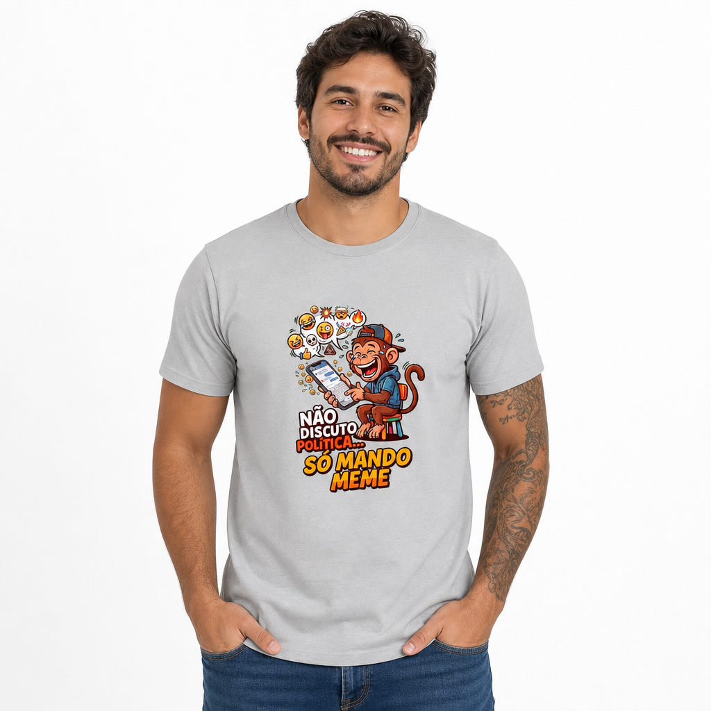 Camiseta Não Discuto, Só Mando Meme - Cinza — Camiseta Não Discuto, Só Mando Meme - Cinza (com modelo)