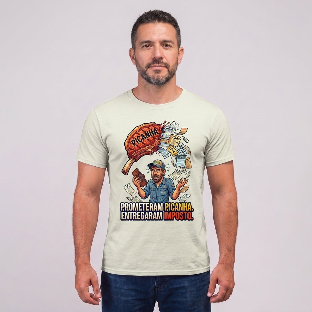 Camiseta Cadê A Picanha?! - Off-White — Camiseta Cadê A Picanha?! - Off-White (com modelo)