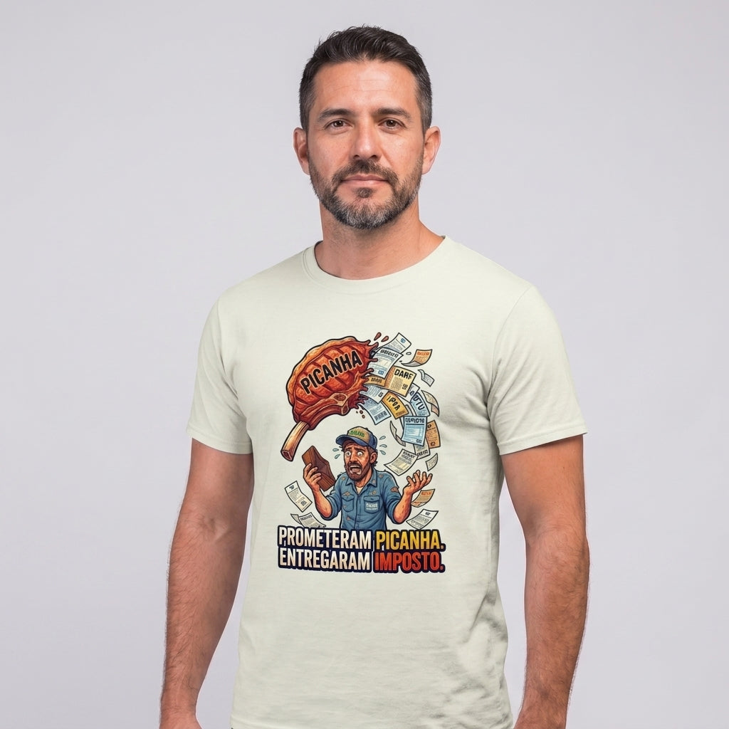 Camiseta Cadê A Picanha?! - Off-White — Camiseta Cadê A Picanha?! - Off-White (com modelo)