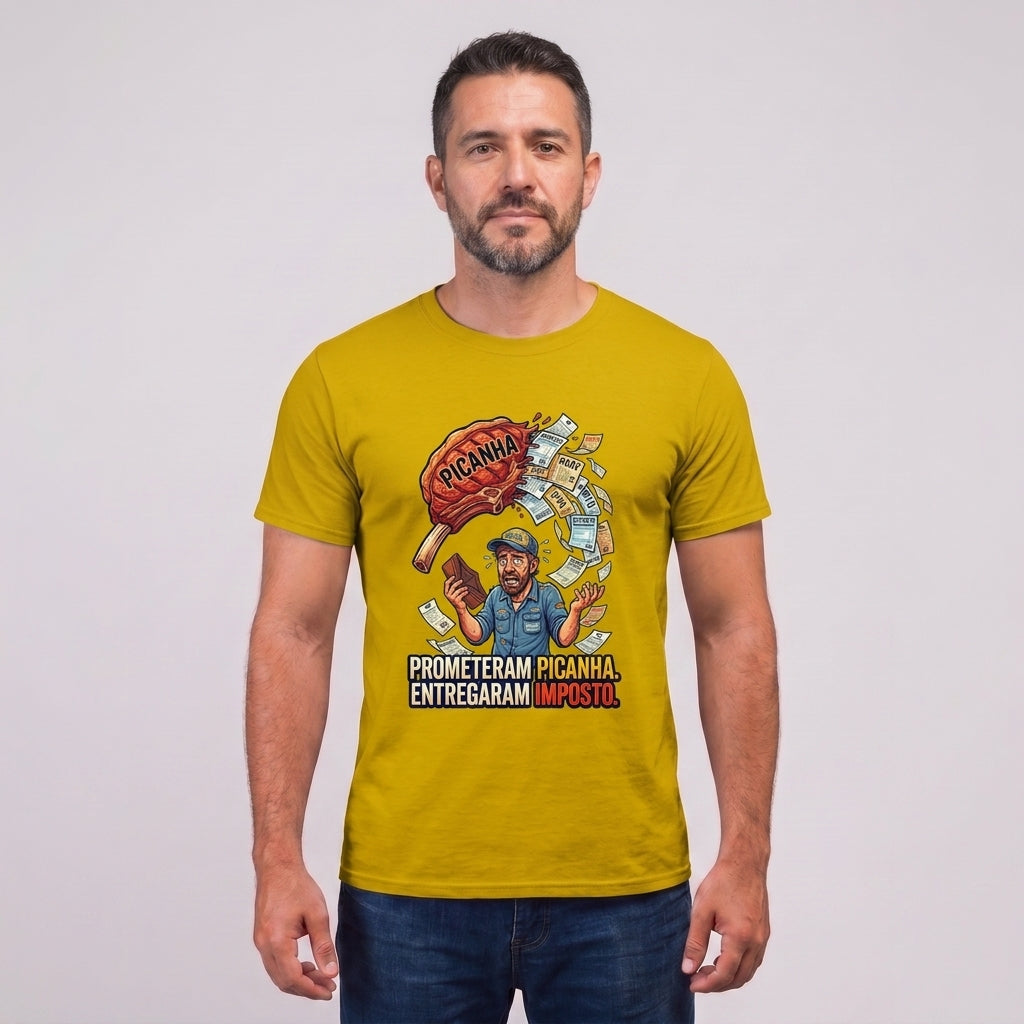 Camiseta Cadê A Picanha?! - Amarelo — Camiseta Cadê A Picanha?! - Amarelo (com modelo)