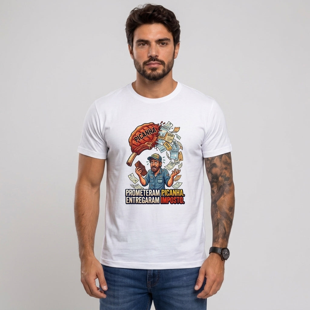 Camiseta Cadê A Picanha?! - Branco — Camiseta Cadê A Picanha?! - Branco (com modelo)
