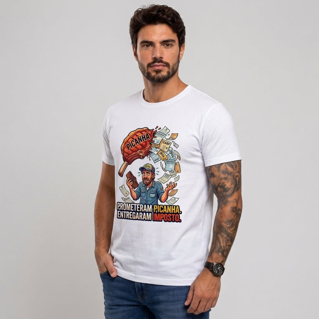 Camiseta Cadê A Picanha?! - Branco — Camiseta Cadê A Picanha?! - Branco (com modelo)