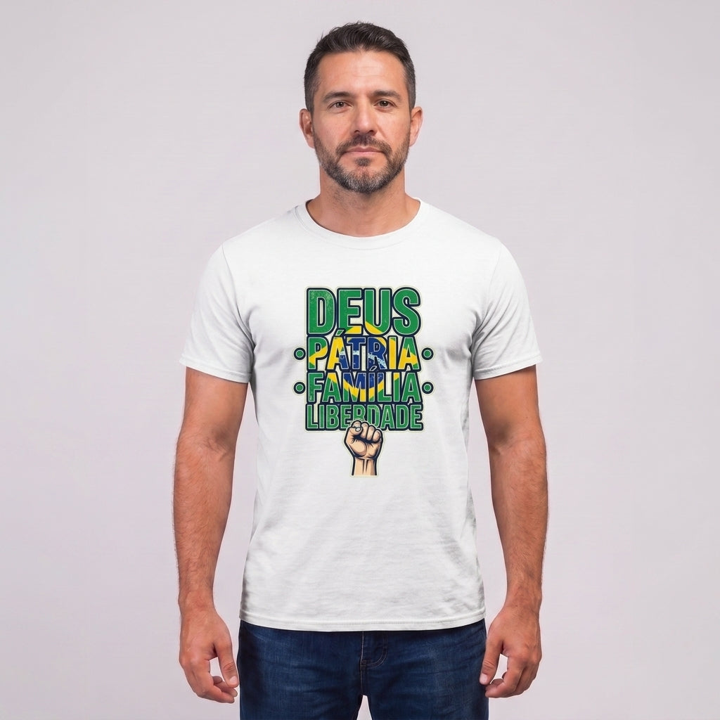 Camiseta Deus, Pátria, Família E Liberdade - Branco — Camiseta Deus, Pátria, Família E Liberdade - Branco (com modelo)