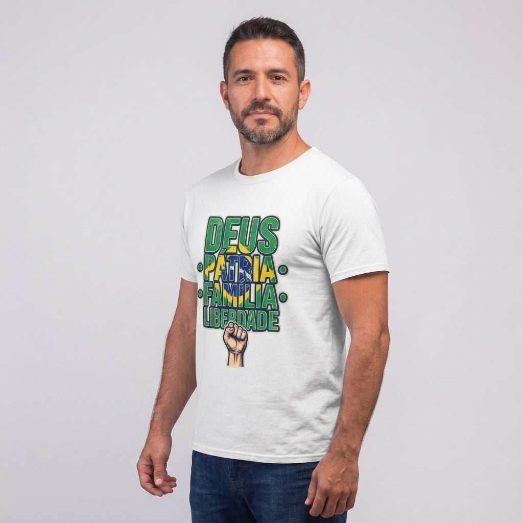 Camiseta Deus, Pátria, Família E Liberdade - Branco — Camiseta Deus, Pátria, Família E Liberdade - Branco (com modelo)