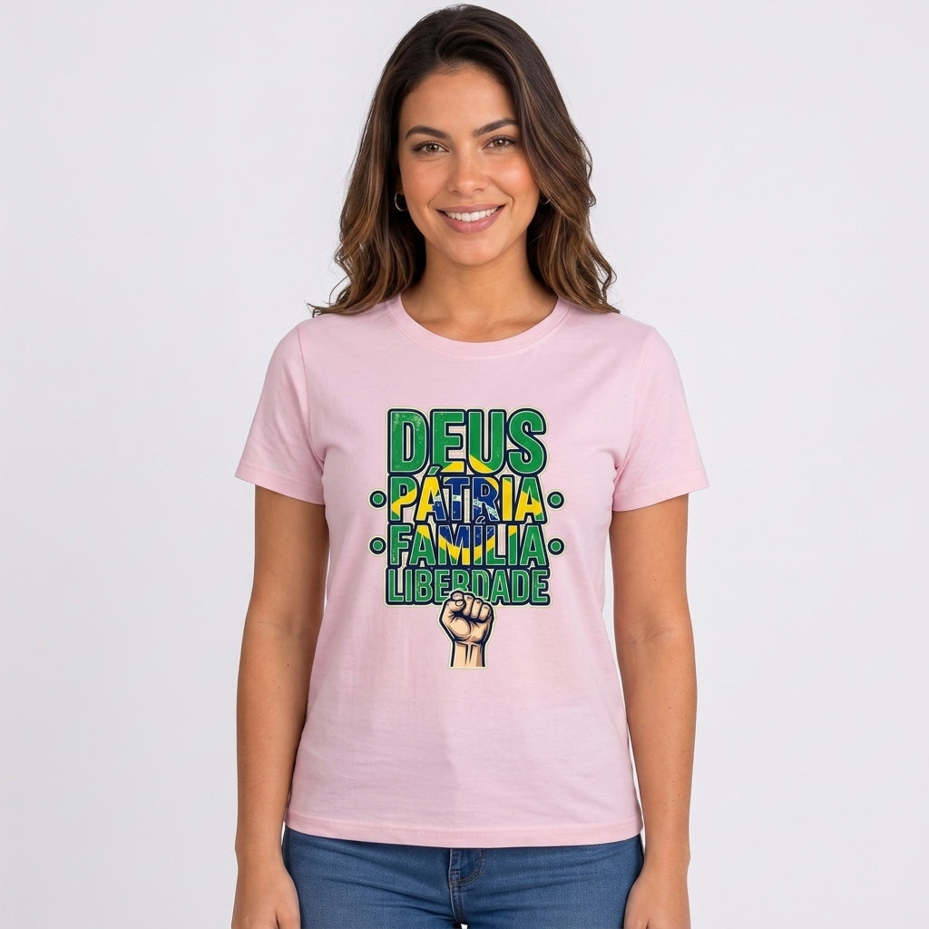 Babylook Deus, Pátria, Família E Liberdade - Rosa — Babylook Deus, Pátria, Família E Liberdade - Rosa (com modelo)