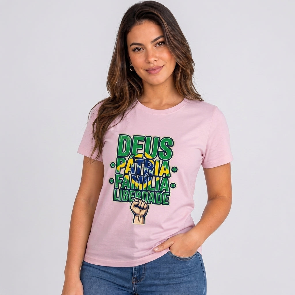 Babylook Deus, Pátria, Família E Liberdade - Rosa — Babylook Deus, Pátria, Família E Liberdade - Rosa (com modelo)