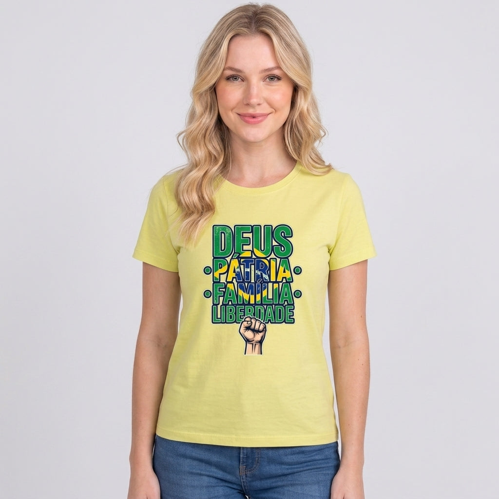 Babylook Deus, Pátria, Família E Liberdade - Amarelo — Babylook Deus, Pátria, Família E Liberdade - Amarelo (com modelo)