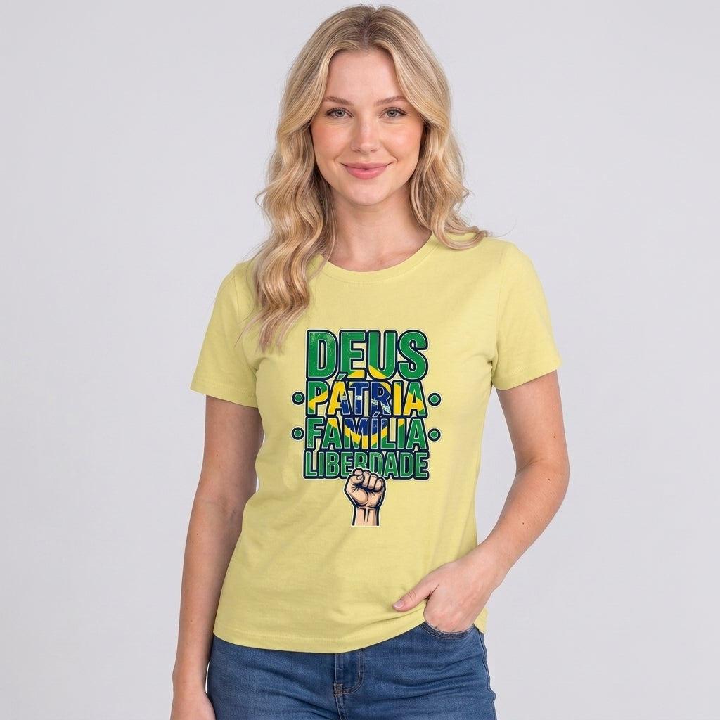 Babylook Deus, Pátria, Família E Liberdade - Amarelo — Babylook Deus, Pátria, Família E Liberdade - Amarelo (com modelo)