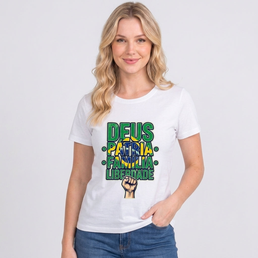 Babylook Deus, Pátria, Família E Liberdade - Branco — Babylook Deus, Pátria, Família E Liberdade - Branco (com modelo)