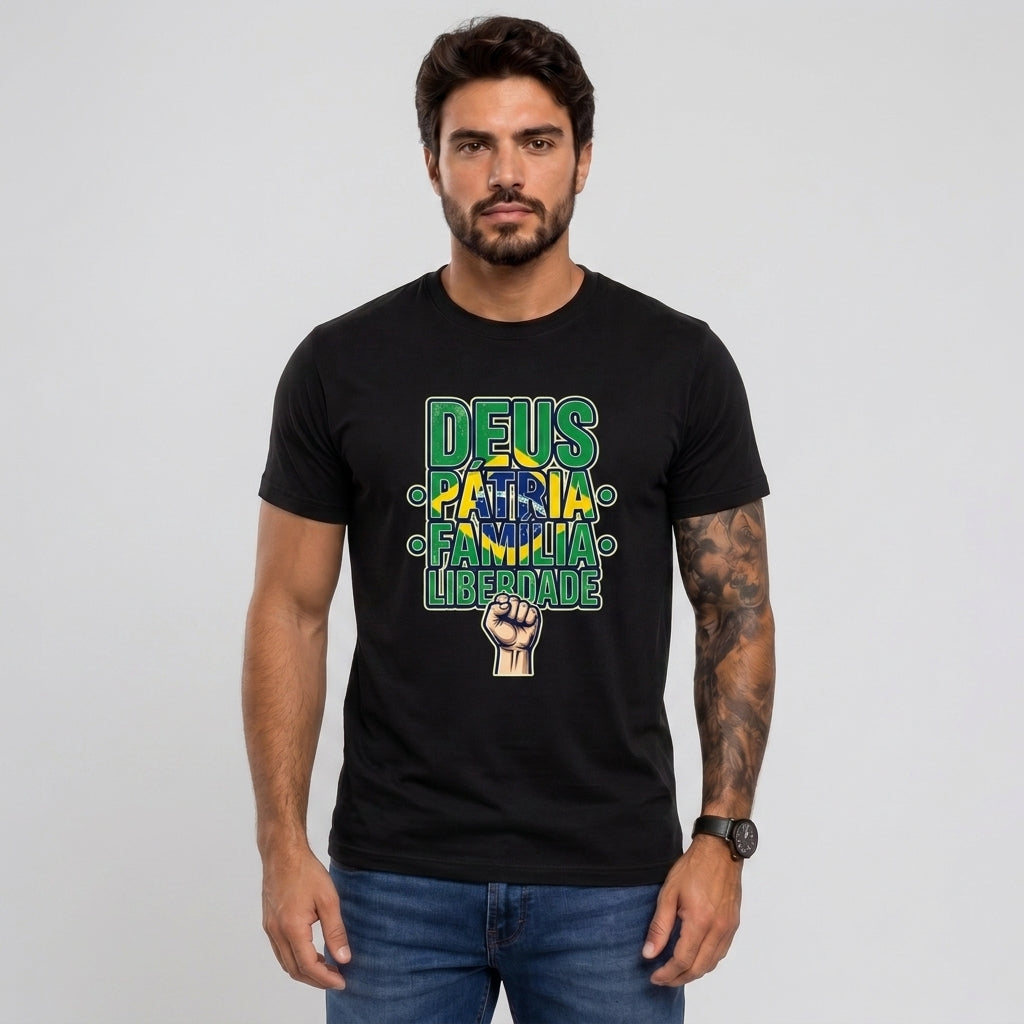 Camiseta Deus, Pátria, Família E Liberdade - Preto — Camiseta Deus, Pátria, Família E Liberdade - Preto (com modelo)
