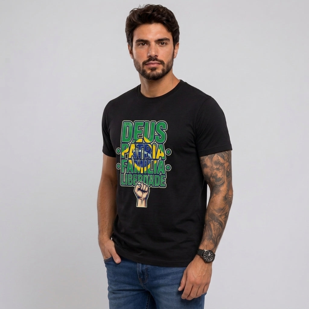 Camiseta Deus, Pátria, Família E Liberdade - Preto — Camiseta Deus, Pátria, Família E Liberdade - Preto (com modelo)