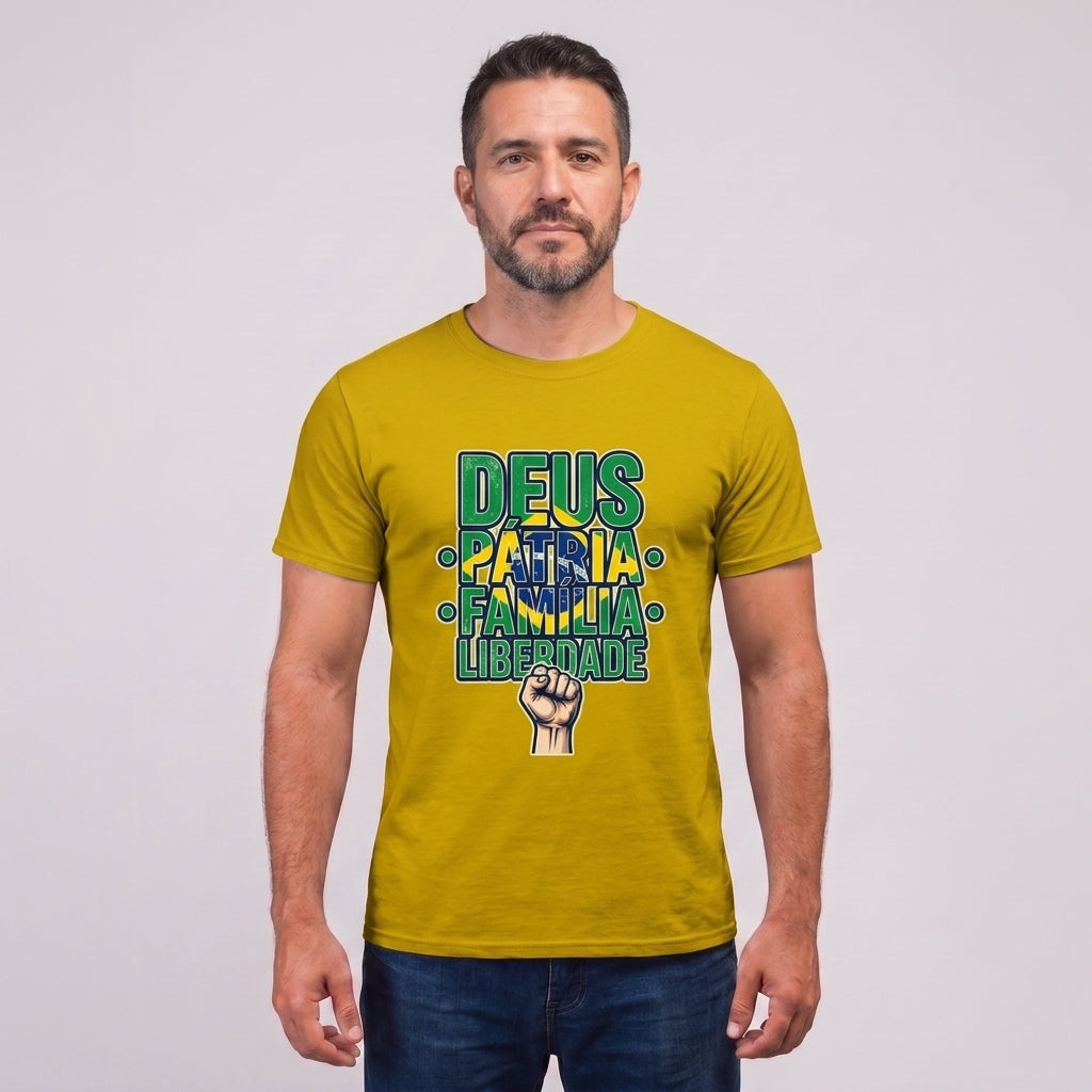 Camiseta Deus, Pátria, Família E Liberdade - Amarelo — Camiseta Deus, Pátria, Família E Liberdade - Amarelo (com modelo)