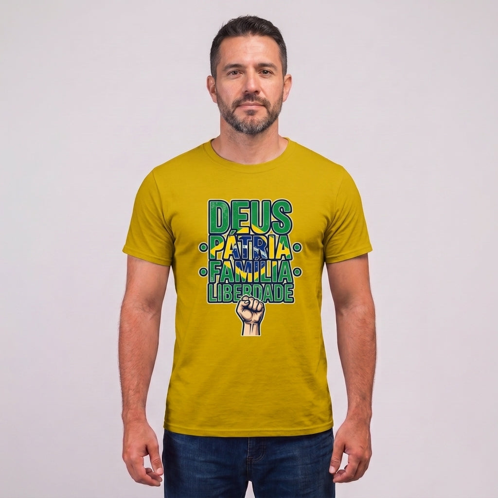 Camiseta Deus, Pátria, Família E Liberdade - Amarelo — Camiseta Deus, Pátria, Família E Liberdade - Amarelo (com modelo)