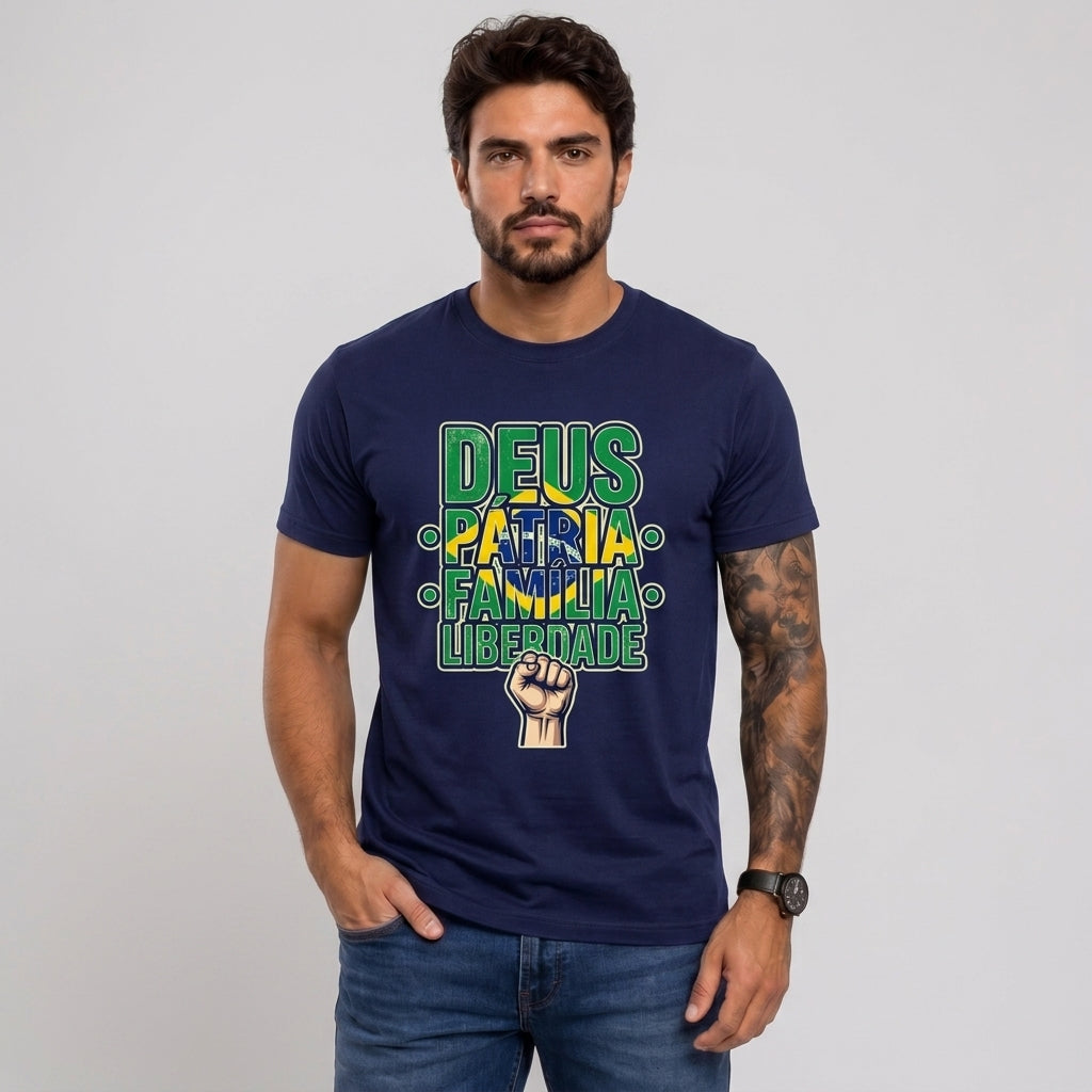Camiseta Deus, Pátria, Família E Liberdade - Azul Marinho — Camiseta Deus, Pátria, Família E Liberdade - Azul Marinho (com modelo)