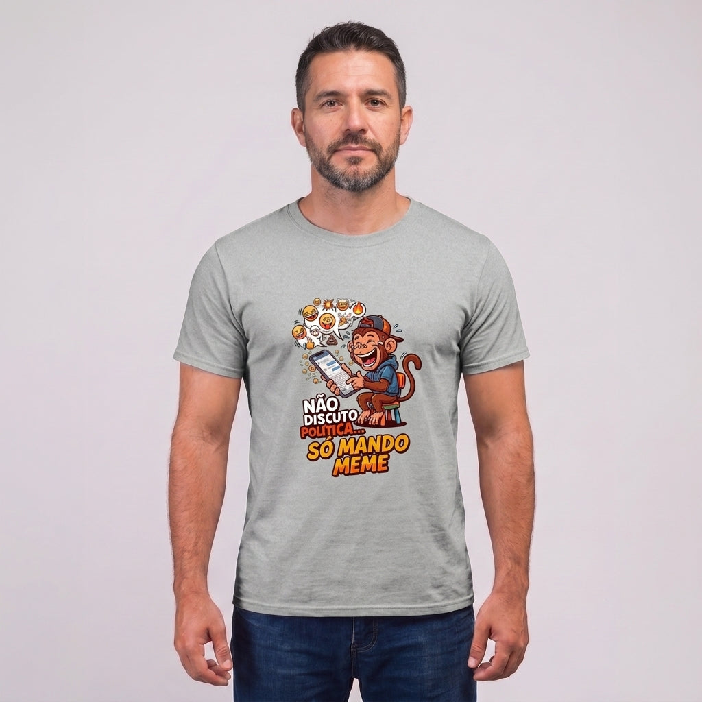 Camiseta Não Discuto, Só Mando Meme - Cinza — Camiseta Não Discuto, Só Mando Meme - Cinza (com modelo)