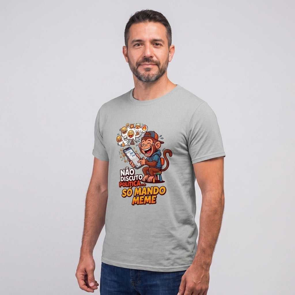 Camiseta Não Discuto, Só Mando Meme - Cinza — Camiseta Não Discuto, Só Mando Meme - Cinza (com modelo)