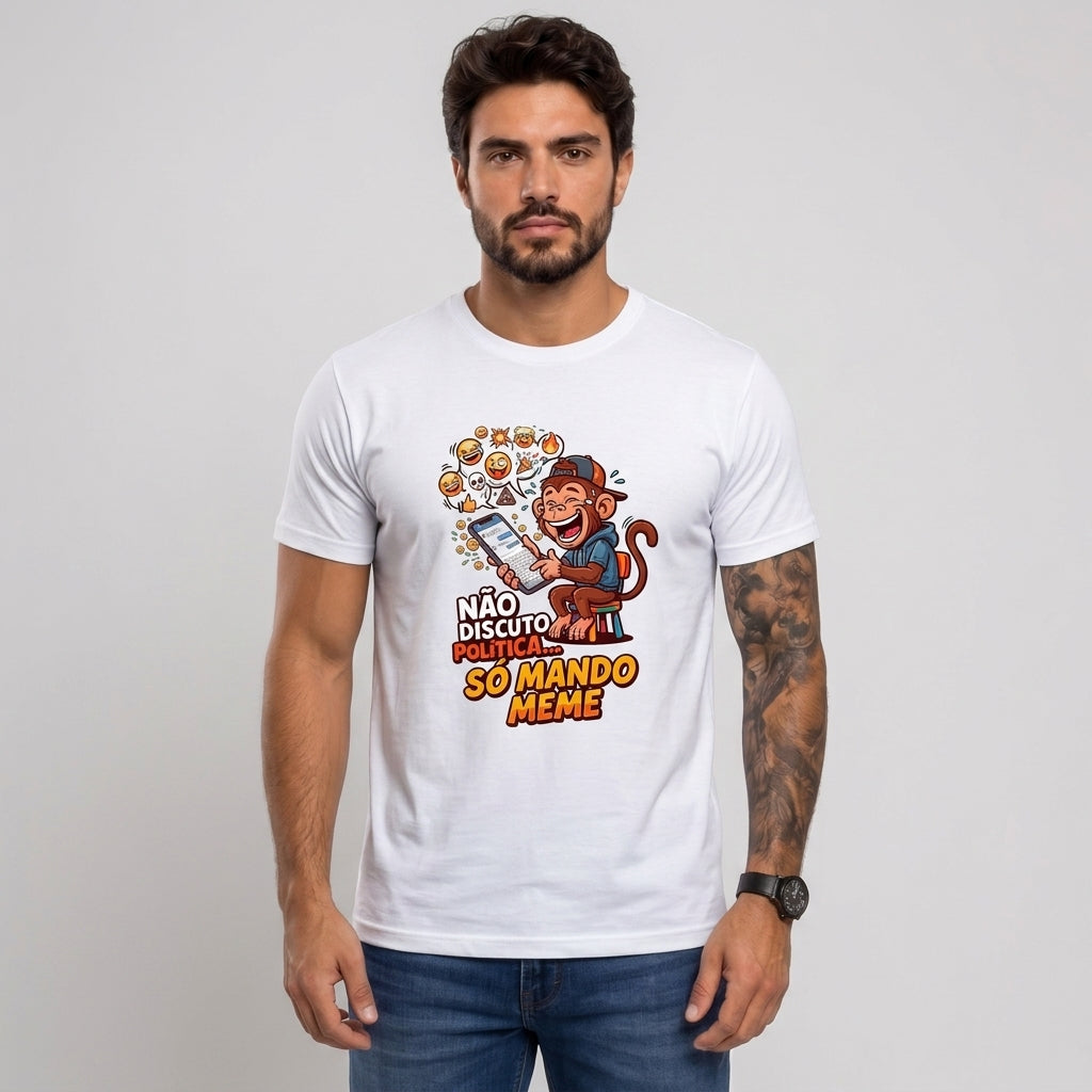 Camiseta Não Discuto, Só Mando Meme - Branco — Camiseta Não Discuto, Só Mando Meme - Branco (com modelo)