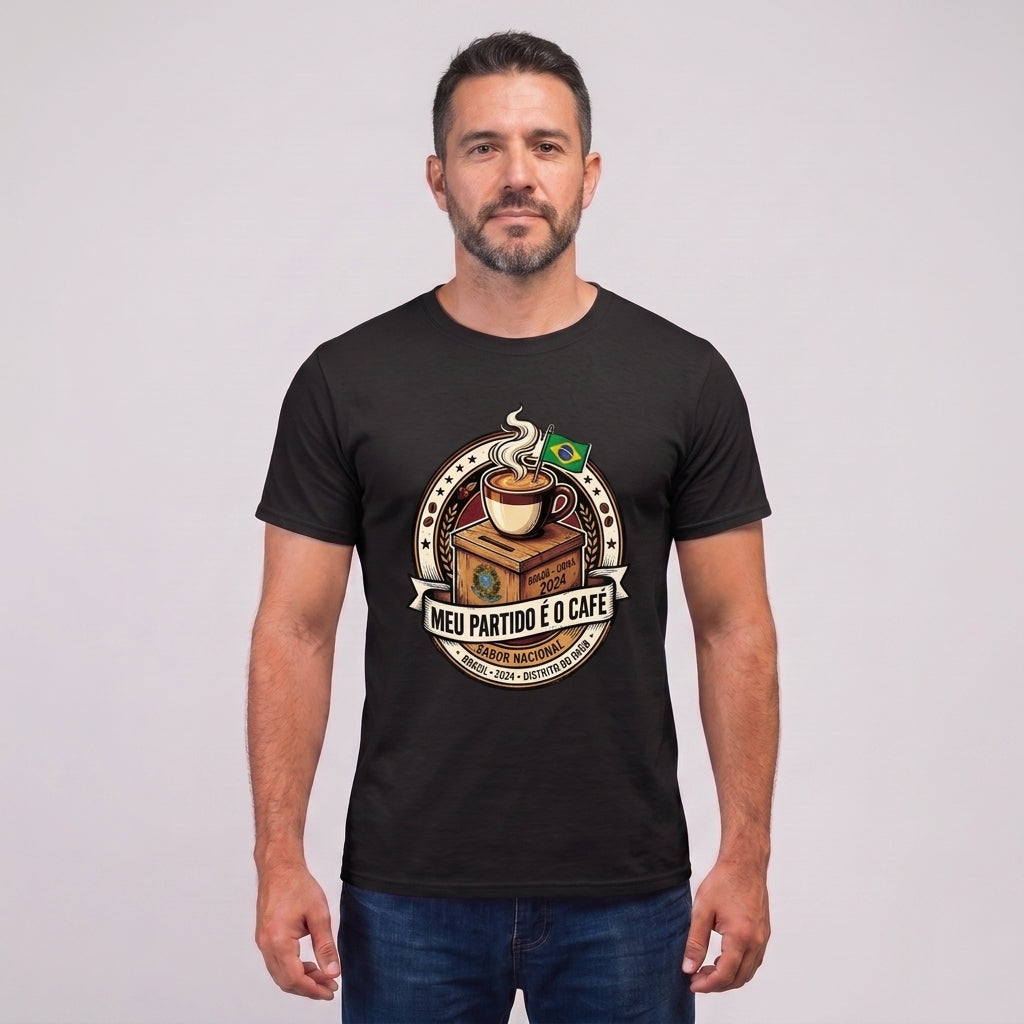 Camiseta Meu Partido É O Café. - Preto — Camiseta Meu Partido É O Café. - Preto (com modelo)