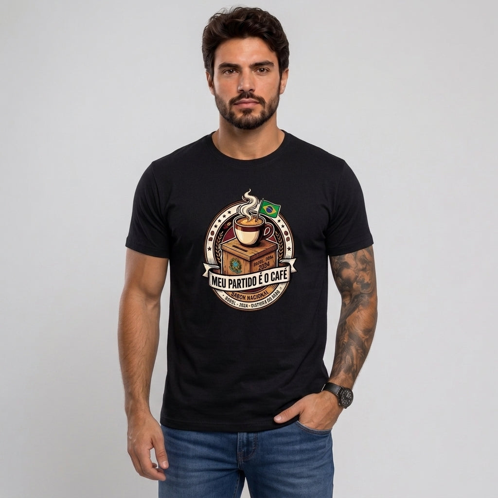 Camiseta Meu Partido É O Café. - Branco — Camiseta Meu Partido É O Café. - Branco (com modelo)