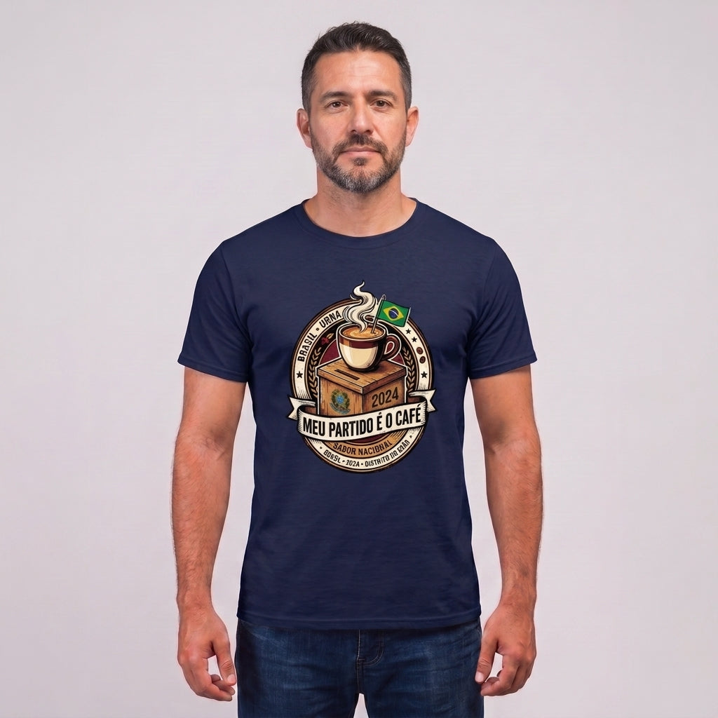 Camiseta Meu Partido É O Café. - Azul Marinho — Camiseta Meu Partido É O Café. - Azul Marinho (com modelo)