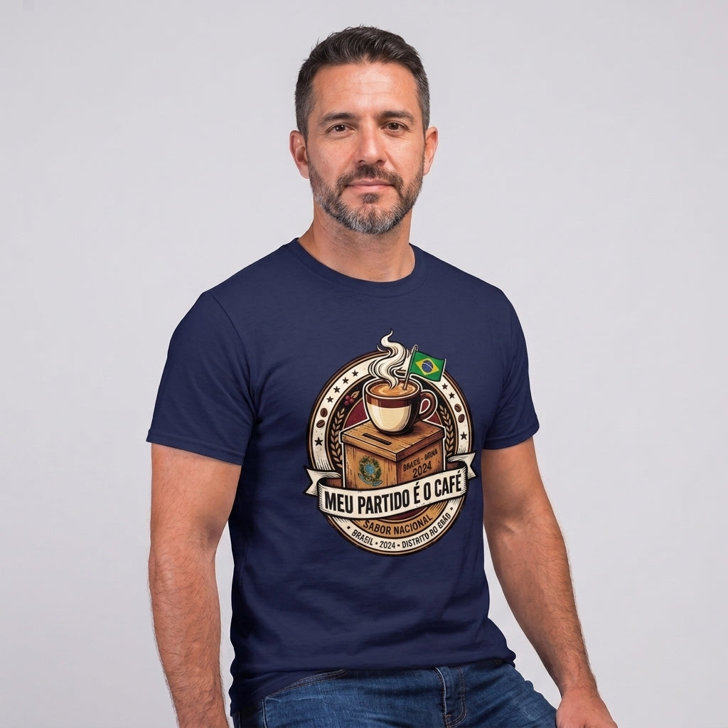 Camiseta Meu Partido É O Café. - Azul Marinho — Camiseta Meu Partido É O Café. - Azul Marinho (com modelo)